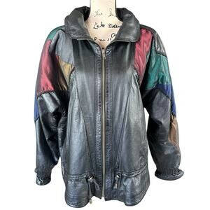 Pelle Leather Jacket Women Sze M Black Color Block Urban Bohemian Retro Full Zip